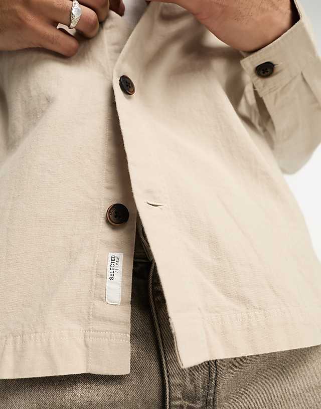 Asos Selected Homme Linen Mix Overshirt In Beige