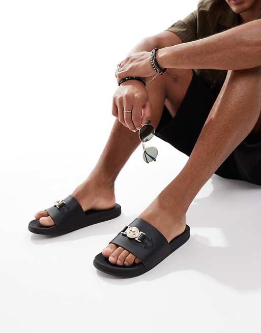 asos SEQWL ITA sandals with buckle stap in black
