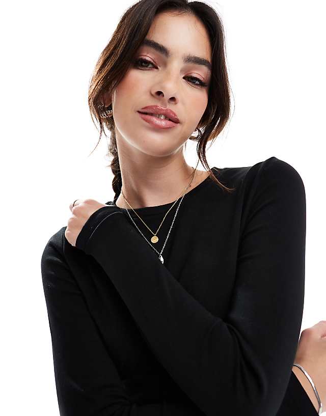 Asos Stradivarius Cotton Long Sleeve Top In Black