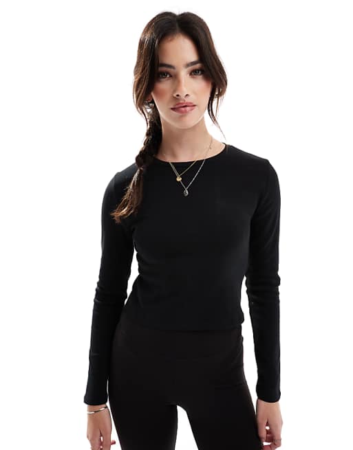 asos Stradivarius cotton long sleeve top in black