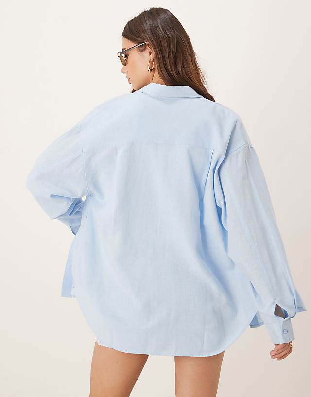 Asos Stradivarius Linen Blend Shirt In Denim Blue