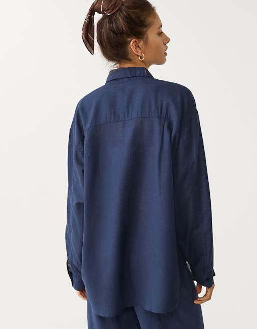 Asos Stradivarius Linen Blend Shirt In Navy Blue