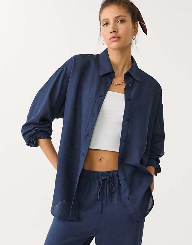 asos Stradivarius linen blend shirt in navy blue