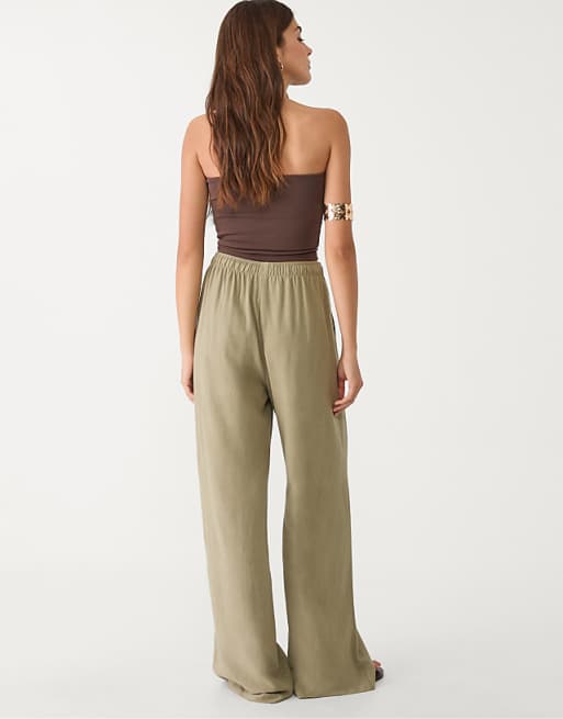 Asos Stradivarius Linen Blend Trousers In Khaki