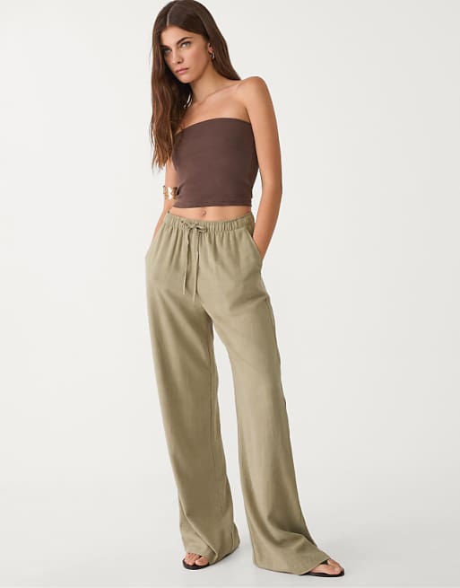 asos Stradivarius linen blend trousers in khaki asos Stradivarius linen blend trousers in khaki