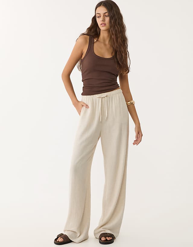 asos Stradivarius linen blend trousers in stone
