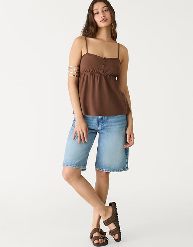 Asos Stradivarius Strappy Linen Blend Top In Brown