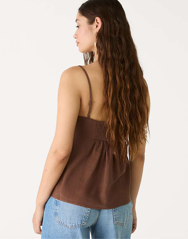 Asos Stradivarius Strappy Linen Blend Top In Brown