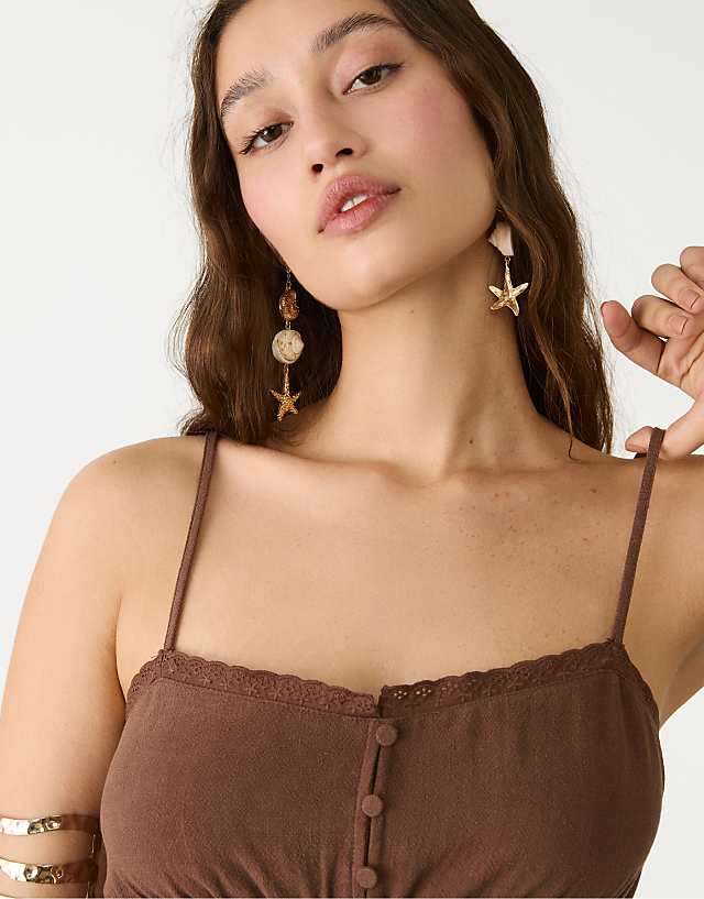 Asos Stradivarius Strappy Linen Blend Top In Brown