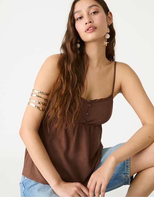 asos Stradivarius strappy linen blend top in brown