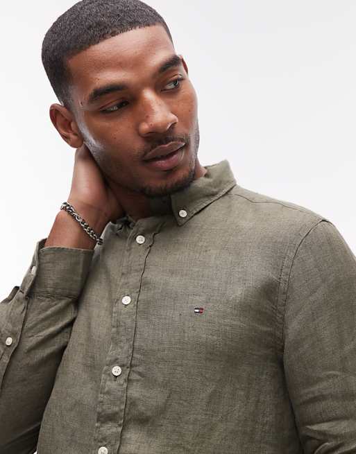 Asos Tommy Hilfiger Linen Shirt In Olive Green