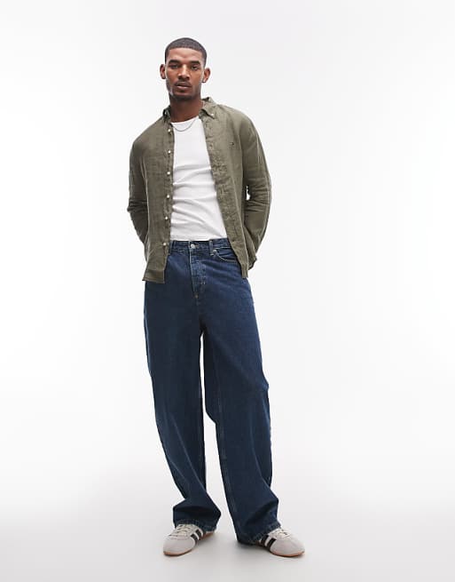 Asos Tommy Hilfiger Linen Shirt In Olive Green