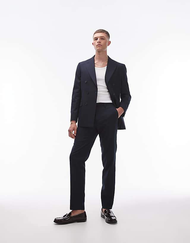 Asos Topman Linen Blend Mix Slim Suit In Navy