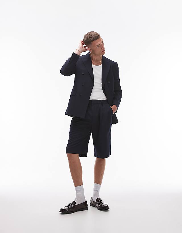 Asos Topman Linen Blend Mix Slim Suit In Navy