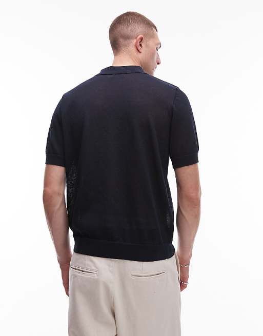 Asos Topman Linen Mix Knitted Polo In Navy