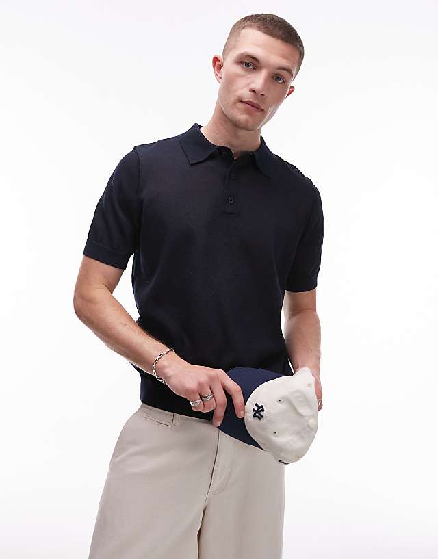 asos Topman linen mix knitted polo in navy
