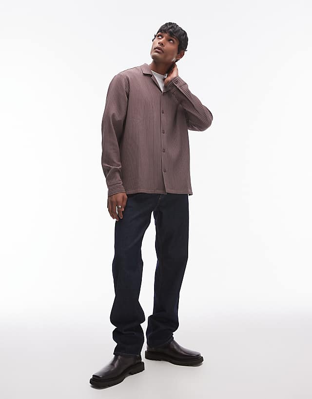 Asos Topman Long Sleeve Chunky Plisse In Chocolate