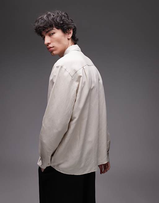 Asos Topman Long Sleeve Linen Shirt In Ecru