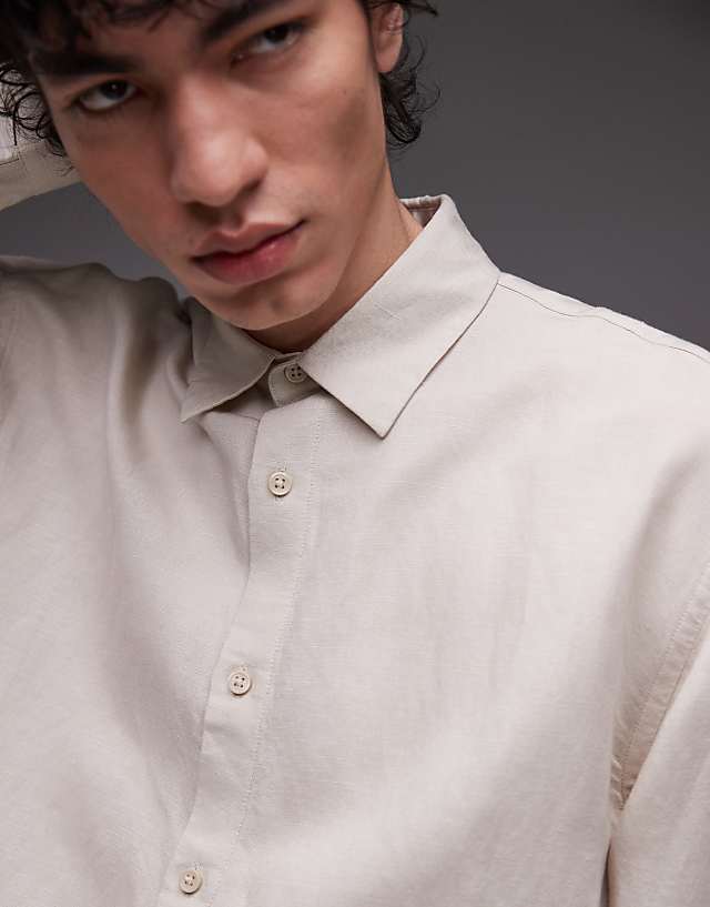 Asos Topman Long Sleeve Linen Shirt In Ecru