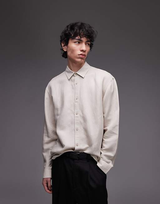 asos Topman long sleeve linen shirt in ecru