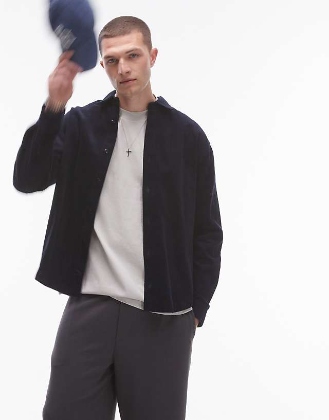 asos Topman mini cord oversized shirt in mid blue