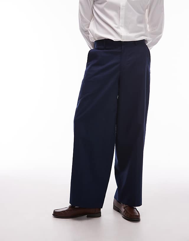 Asos Topman Wide Leg Linen Blend Trousers In Navy