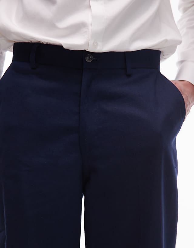 Asos Topman Wide Leg Linen Blend Trousers In Navy