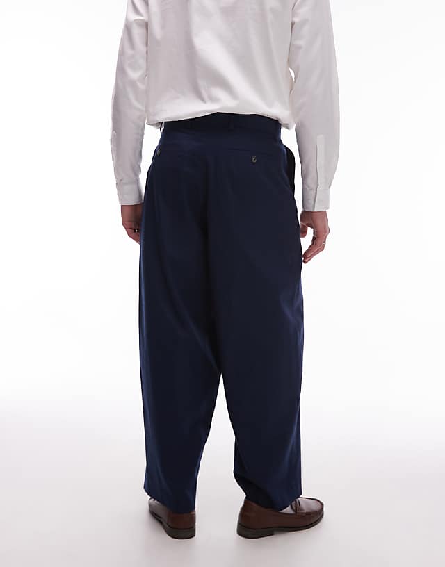 Asos Topman Wide Leg Linen Blend Trousers In Navy