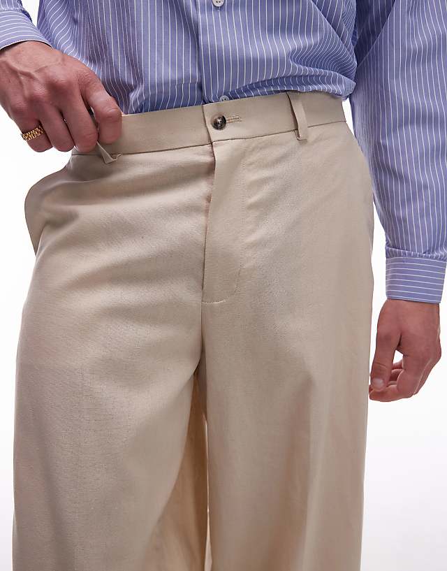 Asos Topman Wide Leg Linen Blend Trousers In Stone