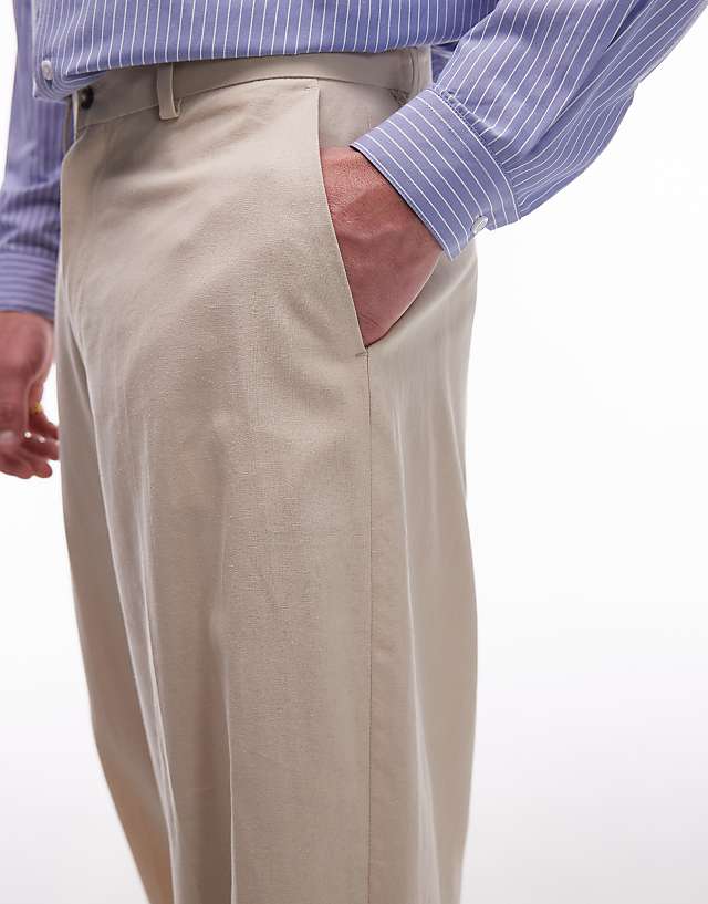 Asos Topman Wide Leg Linen Blend Trousers In Stone