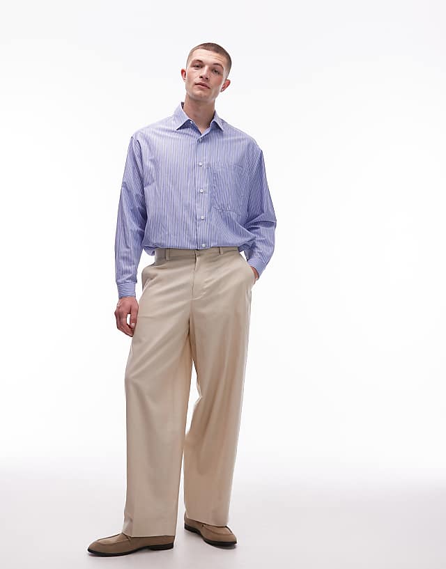 asos Topman wide leg linen blend trousers in stone
