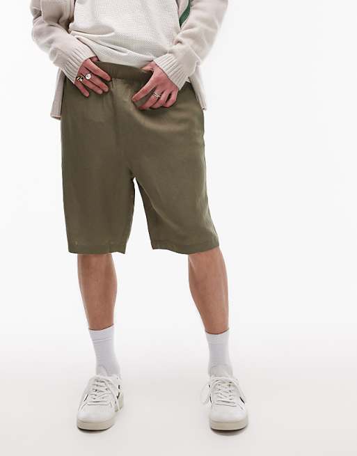 Asos Topman Wide Leg Linen Short In Khaki