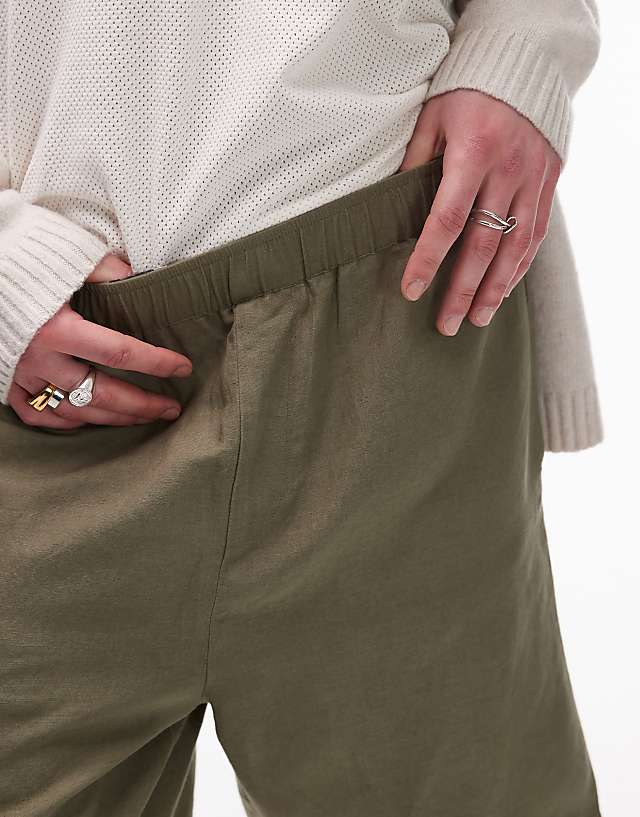 Asos Topman Wide Leg Linen Short In Khaki