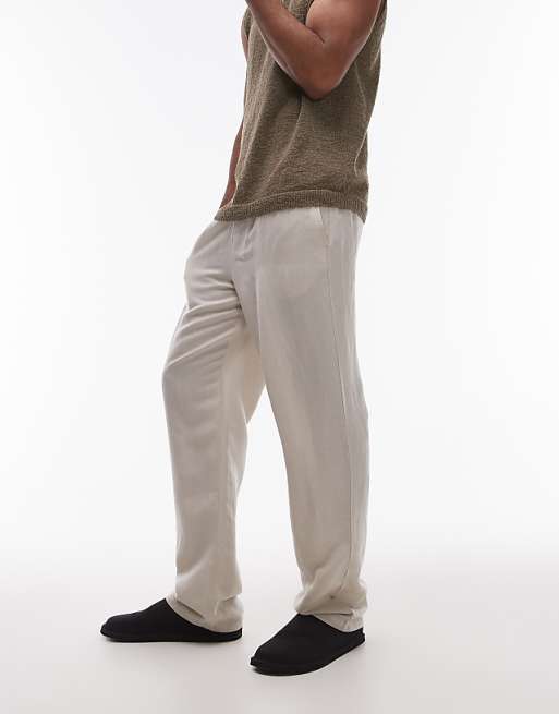 Asos Topman Wide Leg Linen Trouser In Stone