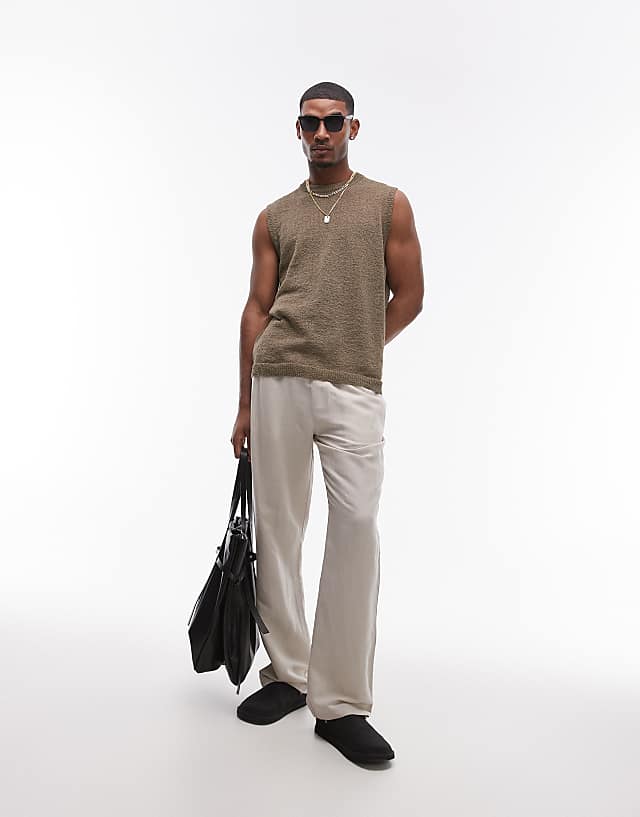 asos Topman wide leg linen trouser in stone