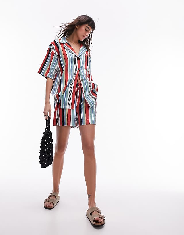 Asos Topshop Co Ord Stripe Linen Short In Multi