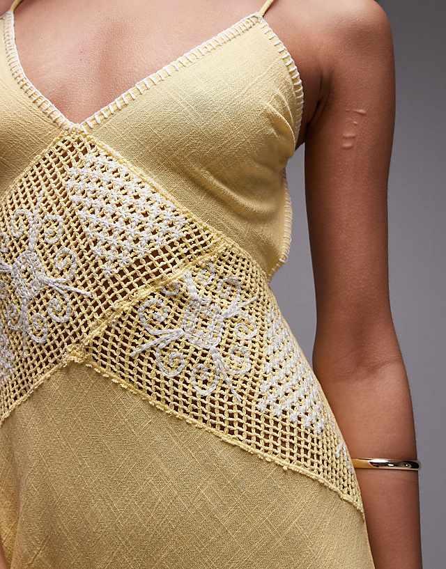 Asos Topshop Crochet Linen Mix Sundress In Yellow