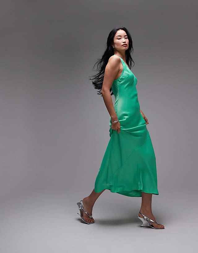 Asos Topshop Deep Plunge Satin Maxi Dress In Green