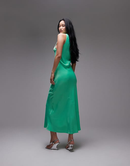 Asos Topshop Deep Plunge Satin Maxi Dress In Green