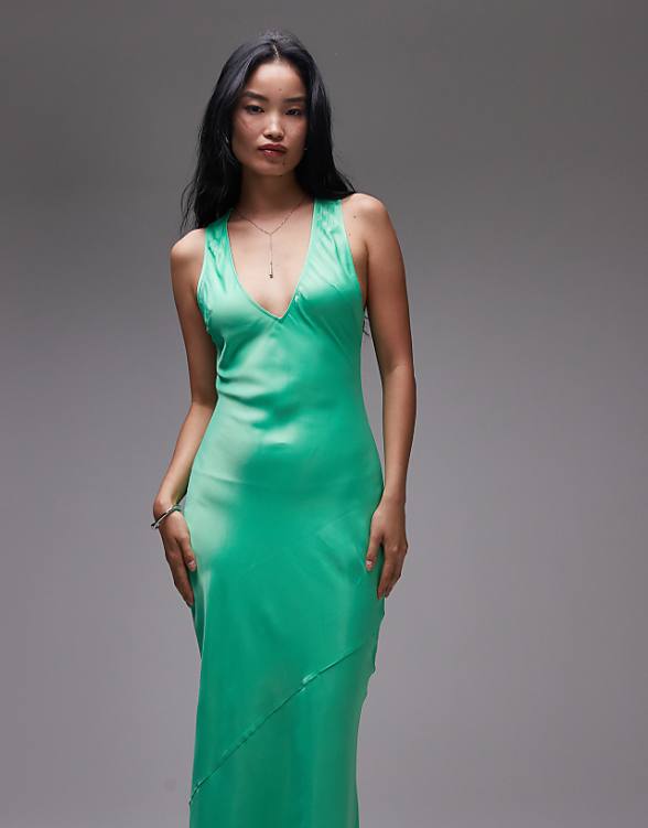 asos Topshop deep plunge satin maxi dress in green