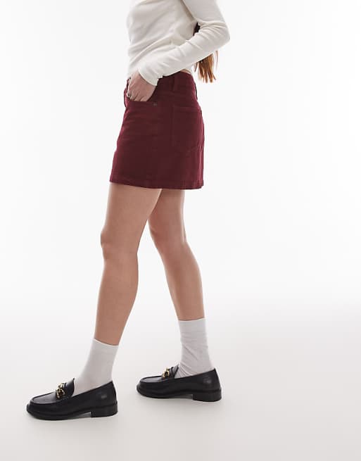 Asos Topshop Denim Mini Pelmet Skirt In Burgundy