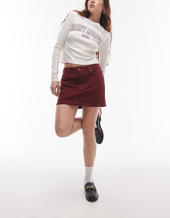 asos Topshop denim mini pelmet skirt in burgundy