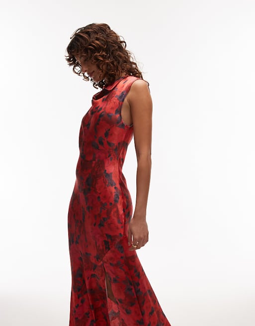 Asos Topshop Drape Neck Maxi Dress In Red Rose