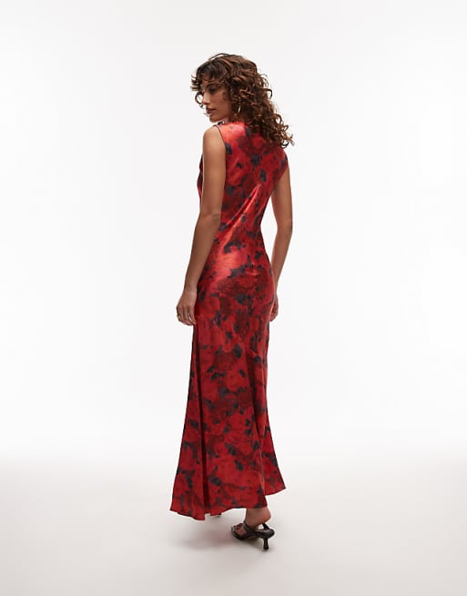 Asos Topshop Drape Neck Maxi Dress In Red Rose