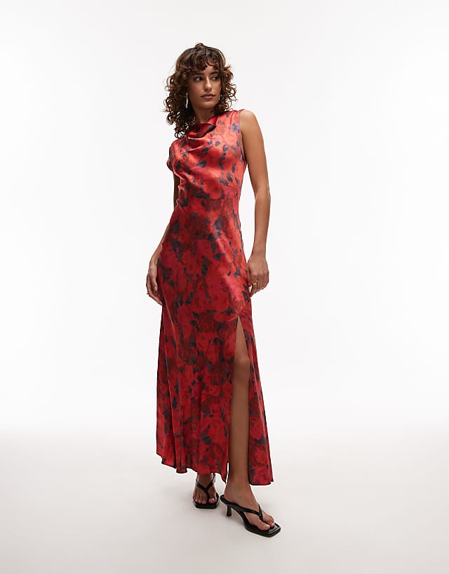 asos Topshop drape neck maxi dress in red rose