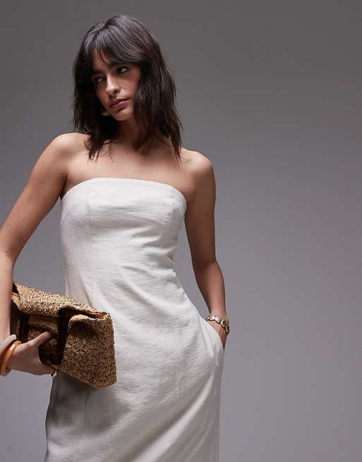 Asos Topshop Linen Bandeau Midi In Natural