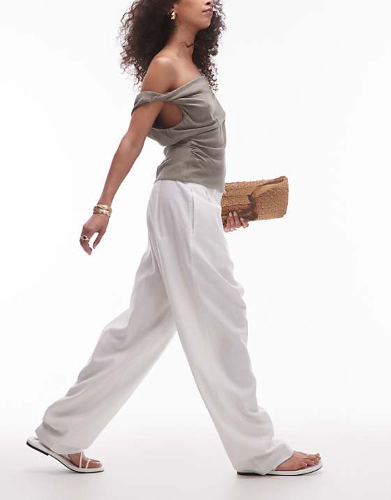 asos Topshop linen barrel leg trouser in white