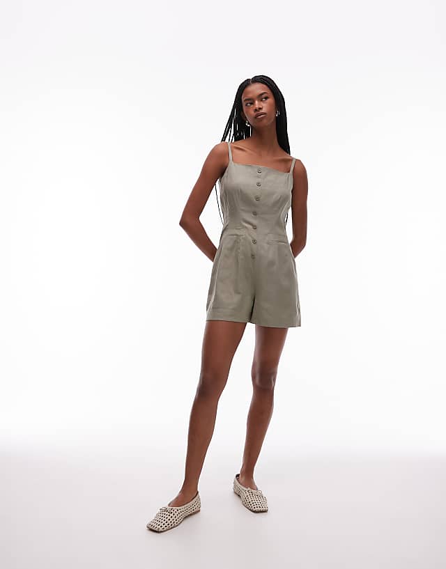 Asos Topshop Linen Button Down Playsuit In Khaki