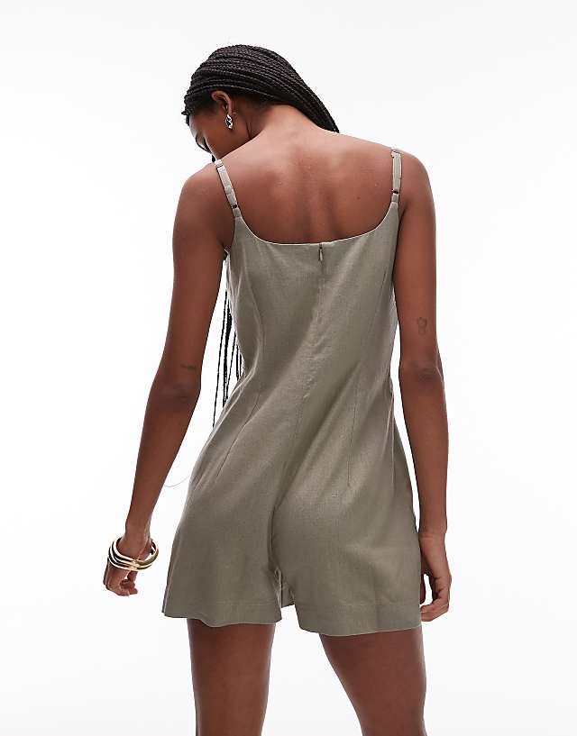 Asos Topshop Linen Button Down Playsuit In Khaki