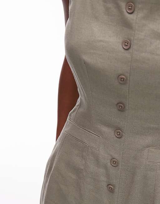 Asos Topshop Linen Button Down Playsuit In Khaki